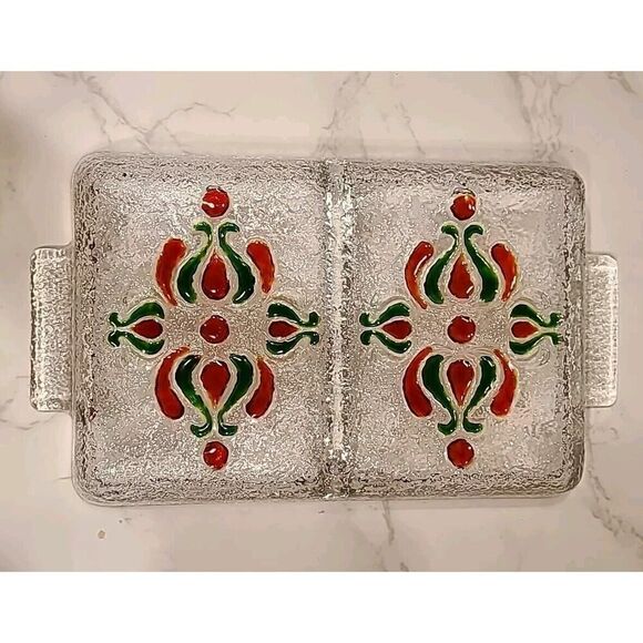 Alle Schönheit Walther Glass Serving Tray Clear Red/Green Floral WGermany Retro - Picture 3 of 8